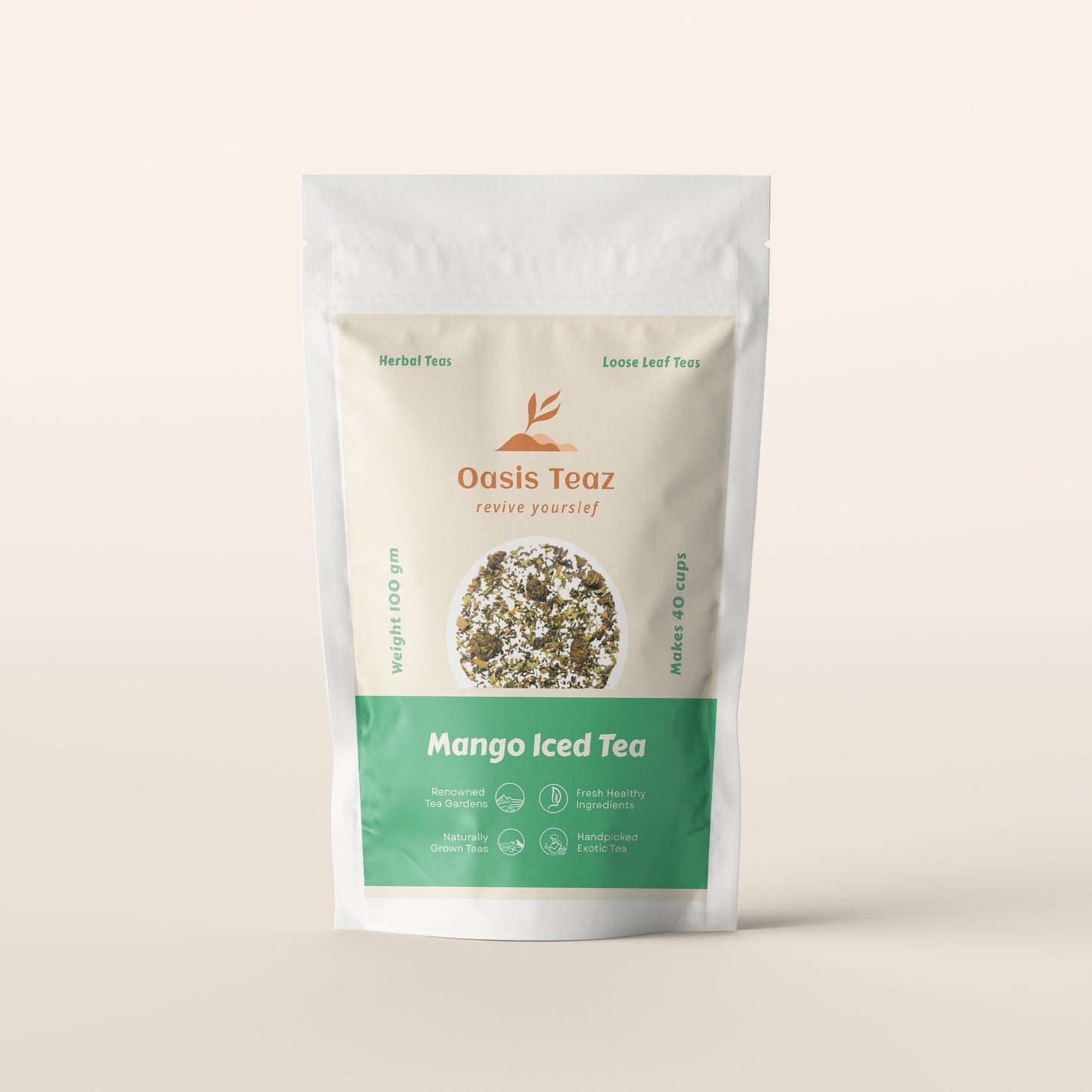 Oasis Teaz Mango Iced Tea package on a beige background