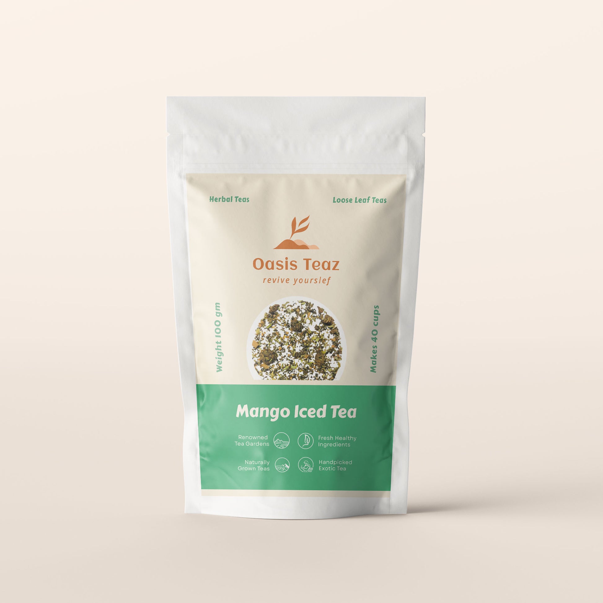 Oasis Teaz Mango Iced Tea package on a beige background