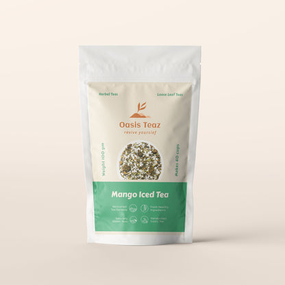 Oasis Teaz Mango Iced Tea package on a beige background