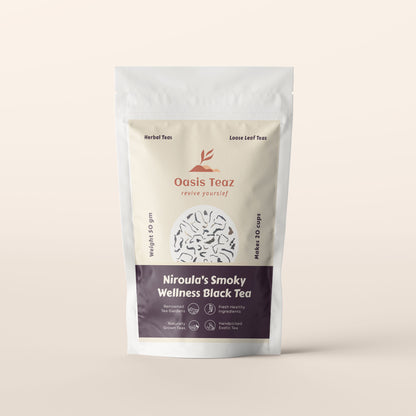 Oasis Teaz Nirola's Smoky Wellness Black Tea package on a beige background
