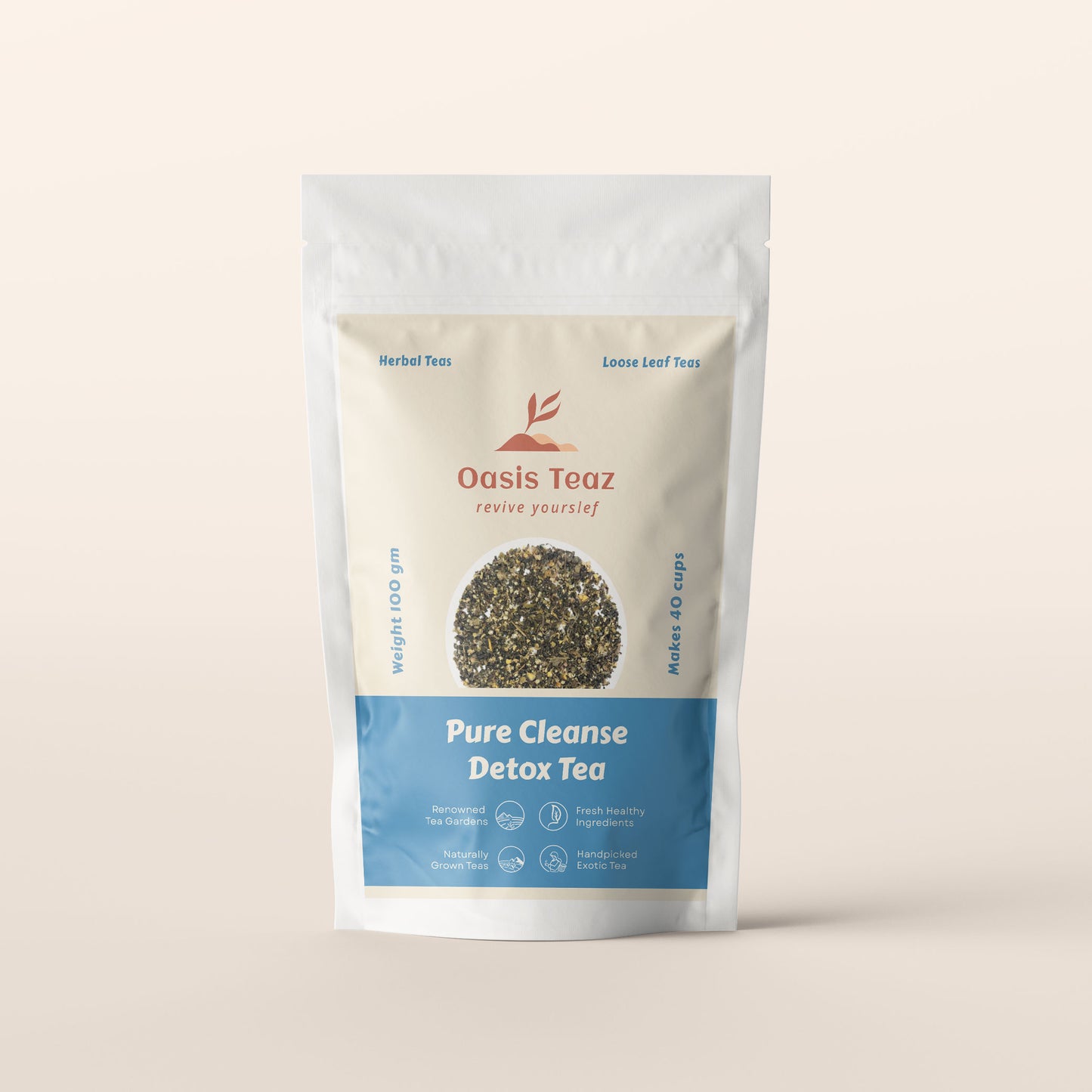 Oasis Teaz Pure Cleanse Detox Tea package on a beige background