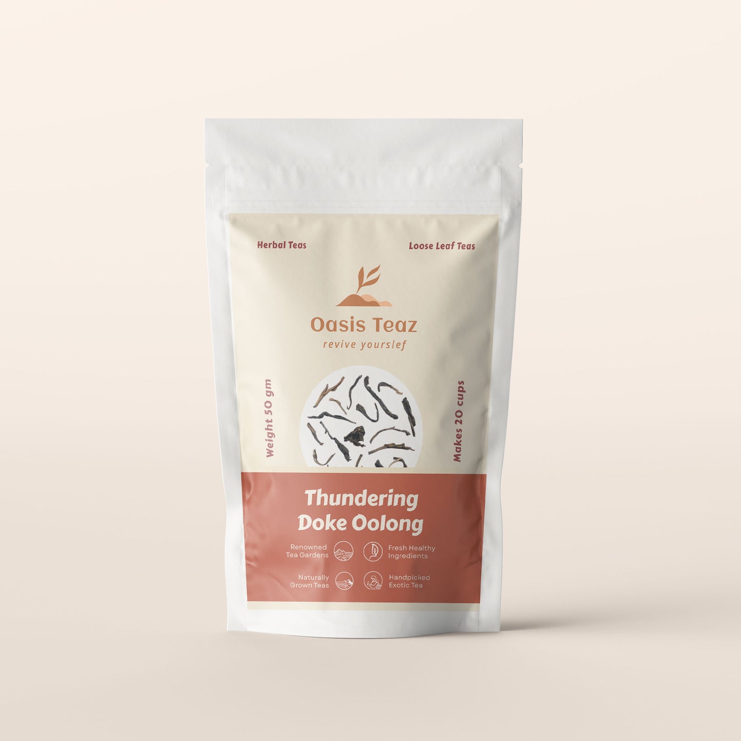 Oolong Tea package from Oasis Teaz on a beige background